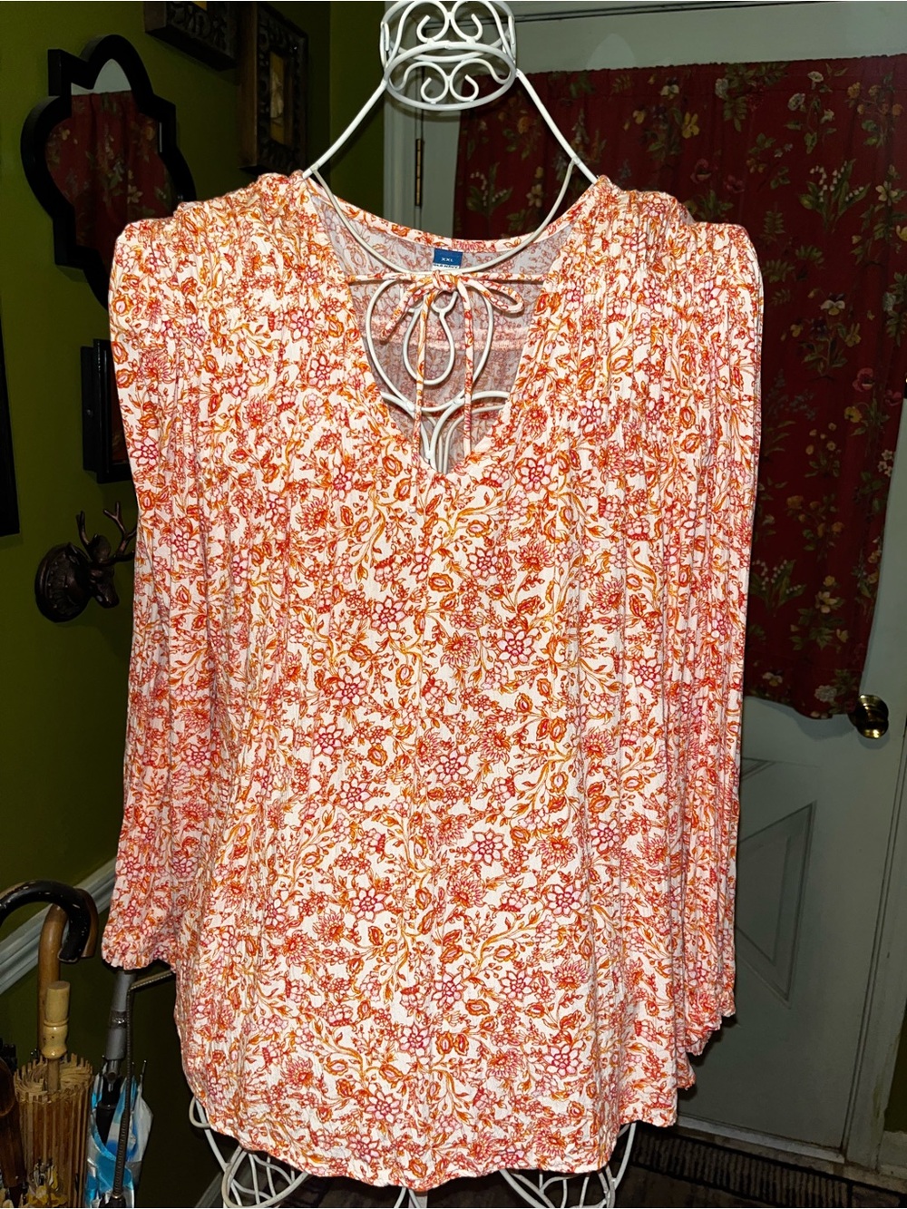 Old Navy Orange White Floral Peasant Long Sleeve Blouse XXL